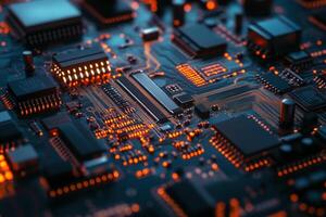 Close-up view of a circuit board illuminated by glowing orange lights in a dark environment photo