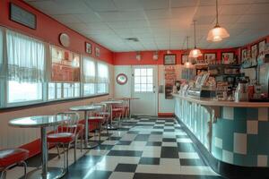 Classic diner interior with retro decor and checkered floors in vibrant colors during the day photo