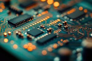 Close-up of an intricate circuit board with glowing components in a dark environment photo