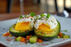 Delicious poached eggs served in avocado halves with vibrant vegetables on a white plate photo