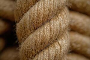 Close-up of coiled natural fiber rope showing intricate texture and craftsmanship in natural light photo