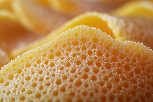 Close-up of textured sponge with intricate patterns, highlighting its yellow hue during daylight photo