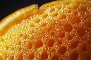 Close-up view of an orange's textured skin with droplets of water on a black background photo
