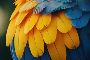 Vibrant blue and yellow feathers of a macaw showcase intricate patterns in natural light photo
