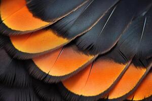 Vibrant orange and black feathers on a bird, showcasing nature's intricate beauty and detail photo