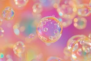 Colorful soap bubbles floating against a soft pastel background in bright afternoon light photo