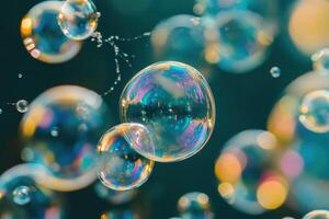 Colorful soap bubbles floating in the air during a sunny afternoon at a local park photo