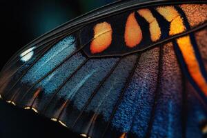 Close-up view of a colorful butterfly wing showcasing intricate patterns in nature photo