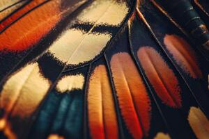 Detailed view of a butterfly wing showcasing intricate patterns and vibrant colors during daylight photo