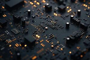 Close-up view of a circuit board with glowing components in a dark setting at night photo
