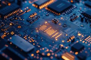 Close-up view of a circuit board with glowing components and intricate designs in a dark setting photo