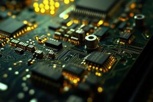 Close-up view of a circuit board highlighting intricate electronic components and connections photo
