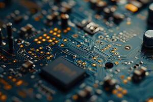 Close-up view of a complex printed circuit board showcasing electronic components and circuitry photo