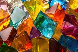 Colorful assortment of translucent ice cubes in various shapes scattered on a surface photo