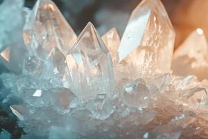 Close-up view of sparkling quartz crystals illuminated by soft light in a natural setting photo