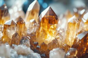 Mesmerizing cluster of golden quartz crystals illuminated by natural light in a serene setting photo
