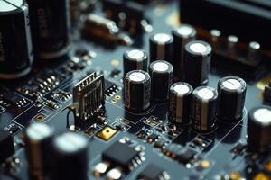 Close-up view of electronic circuit board with capacitors and integrated circuits during assembly photo