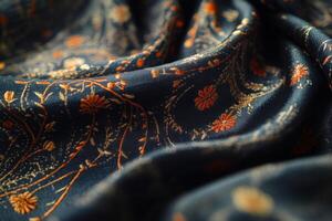 Elegant embroidered fabric with floral patterns on a dark blue background in natural light photo