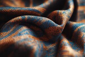 Close-up of intricately woven fabric showcasing rich colors and textures in soft lighting photo