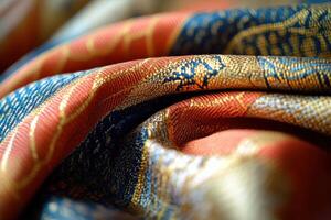 Colorful close-up of intricate fabric showcasing vibrant patterns and textures in natural light photo
