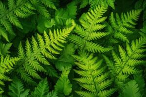 Vibrant green ferns and leaves thriving in a lush forest setting under soft sunlight photo