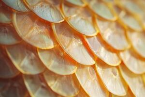 Close-up view of shimmering fish scales displaying intricate textures and colors in natural light photo