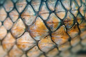 Detailed close-up of fish scales showcasing textures and colors found in a freshwater environment photo