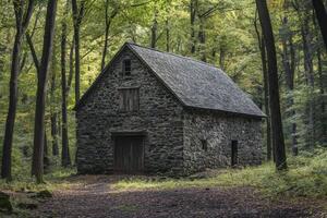 Historic stone barn nestled in a tranquil forest during the early morning light photo