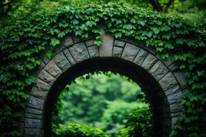 Lush green archway covered in ivy with vibrant foliage in a peaceful garden setting photo