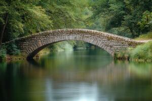 Tranquil stone bridge over calm waters surrounded by lush greenery in a serene forest setting photo