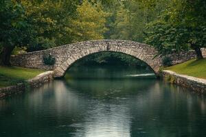 A serene stone bridge over calm waters surrounded by lush greenery in a tranquil park setting photo