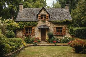 Charming stone cottage surrounded by lush greenery and vibrant flowers in a serene garden setting photo