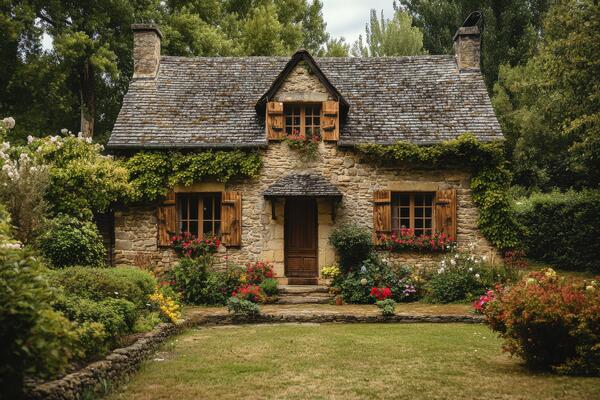Charming stone cottage surrounded by lush greenery and vibrant flowers in a serene garden setting