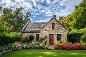 Charming stone cottage surrounded by vibrant flowers on a sunny afternoon photo