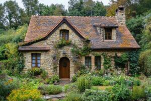 Cozy stone cottage surrounded by blooming gardens in a tranquil rural setting photo