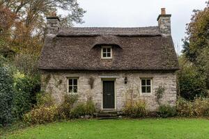 Charming thatched cottage surrounded by lush greenery in a serene countryside setting photo