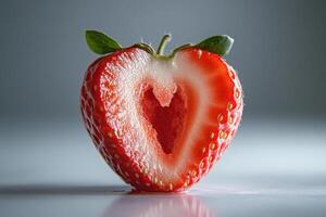 Heart-shaped strawberry cut in half revealing vibrant red insides and leaves on a light background photo