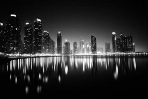 Nighttime skyline of a modern city with skyscrapers reflecting in water photo
