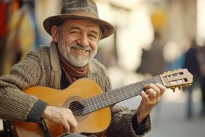 Smiling guitarist entertains passersby on a sunny afternoon in a bustling market photo