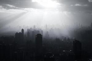 Dramatic city skyline with rays of light breaking through clouds at dusk photo