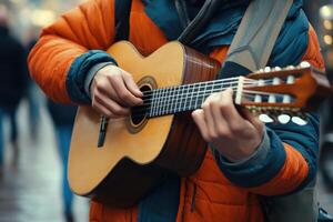 Young musician playing guitar on a busy street during the evening in an urban setting photo