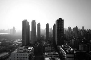 A serene urban skyline shows a cluster of tall buildings against a soft, glowing sunrise photo