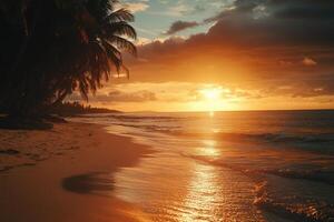 A serene sunset over a tranquil beach with palm trees at the shoreline during golden hour photo