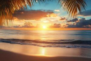 Vibrant sunset over calm ocean waves surrounded by palm trees on a tranquil beach photo