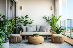 Cozy balcony with rattan furniture and lush greenery overlooking a beach on a sunny day photo