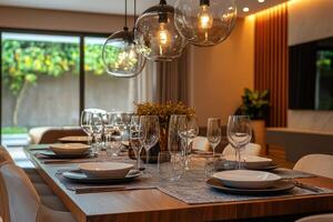 Elegant dining room set for a gathering with warm lighting and stylish decor during evening photo