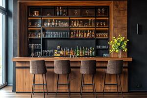 Modern bar interior with a wooden counter and stocked shelves in a chic urban setting photo