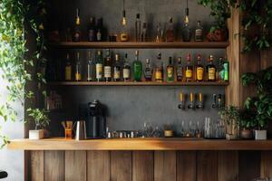 Stylish interior of a cozy bar with a well-stocked shelf of spirits and plants in the background photo
