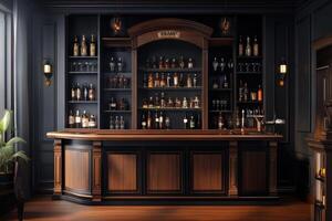 Elegant wooden bar interior showcasing premium spirits in a luxurious, dimly lit environment photo