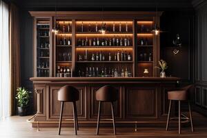 Elegant wooden bar interior with illuminated shelves and stylish seating during evening hours photo